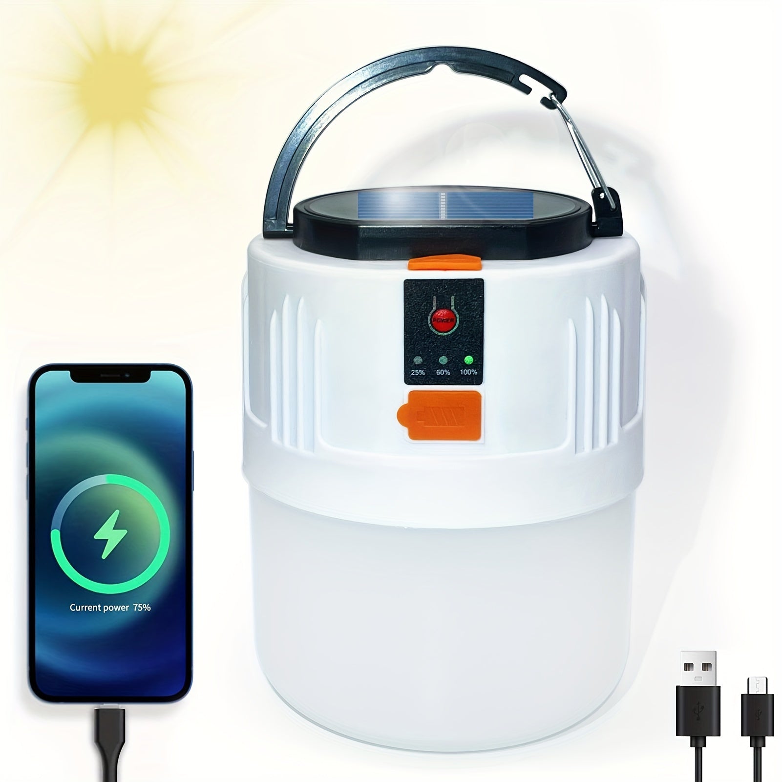 Rechargeable LED Camping Lantern with 3 Lighting Modes, Portable Solar Panel Charging, Power Bank Function and Flashlight