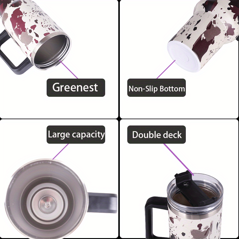 Insulated Cow Print Tumbler with Handle and Straw Lid - 40oz Capacity, 304 Stainless Steel, Heat Preservation - Perfect for Outdoor Sports, Travel, and Camping - Great Birthday or Christmas Gift for Men and Women