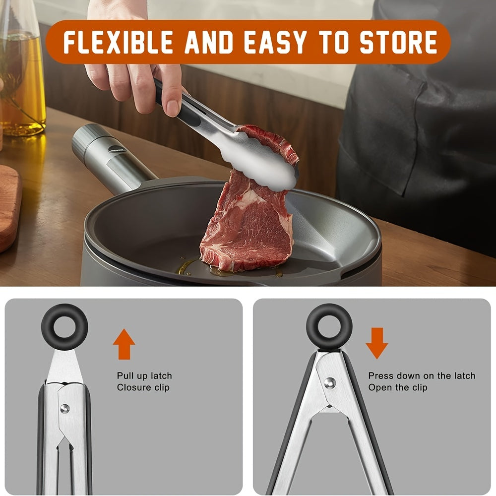 1/2pcs, Stainless Steel Kitchen Tongs, Silicone Non-slip Handle, Lockable Barbecue Food Clip, 9 Inches And 12 Inches, Premium Silicone Rubber Grips, Independence Day Halloween Christmas Party Supplies Camping BBQ Accessories