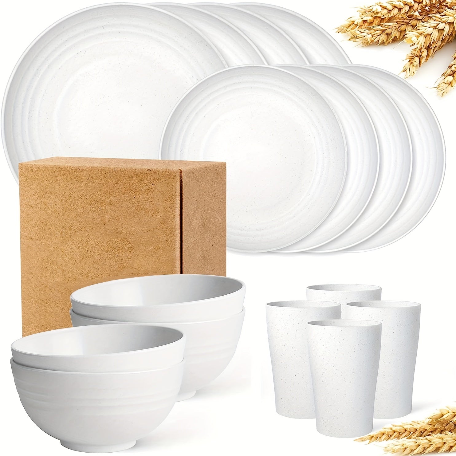 16pcs Unbreakable Wheat Straw Dinnerware Sets, Reusable Tableware Set, Lightweight Microwave Dishwasher Safe, Plates, Cups, Bowls For RV Camping Picnic Kitchen Dorm