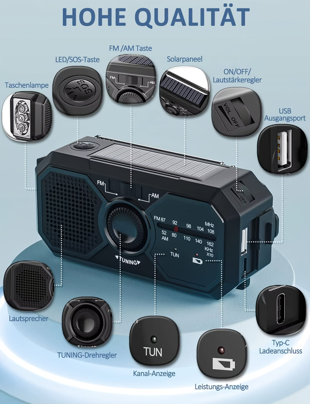 Outdoor Emergency AM/FM Radio Hand-Cranked Radio with Flashlight/Emergency Charging/Solar Charging Emergency Crank Weather Radio