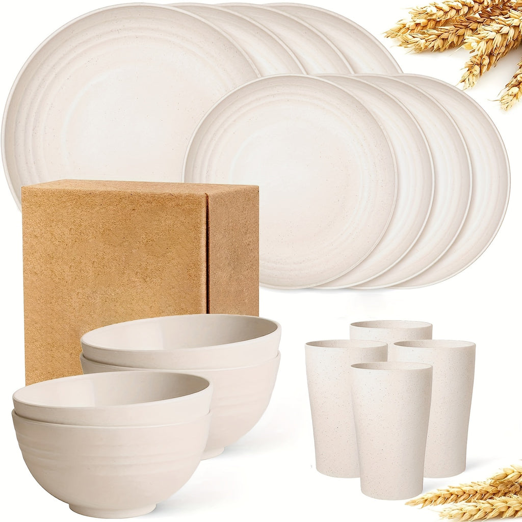 16pcs Unbreakable Wheat Straw Dinnerware Sets, Reusable Tableware Set, Lightweight Microwave Dishwasher Safe, Plates, Cups, Bowls For RV Camping Picnic Kitchen Dorm