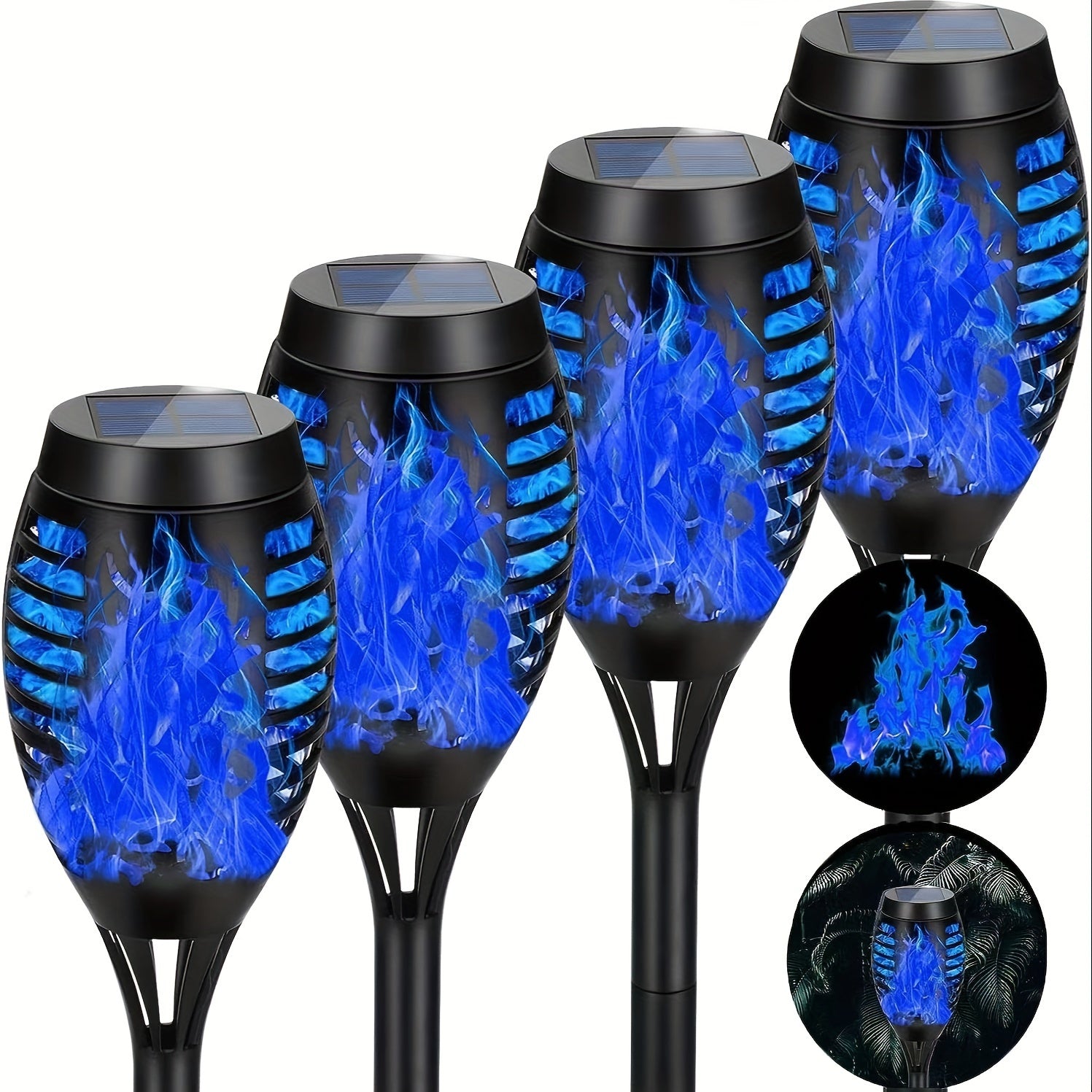 4pcs 12LED Solar Flame Lights, Suitable For Garden, Lawn, Path Decoration, Halloween Atmosphere Lights, Large Battery Working 11 Hours Lighting Torch Lights (Blue Green Purple Warm Color Light), Halloween Decorations Lights O