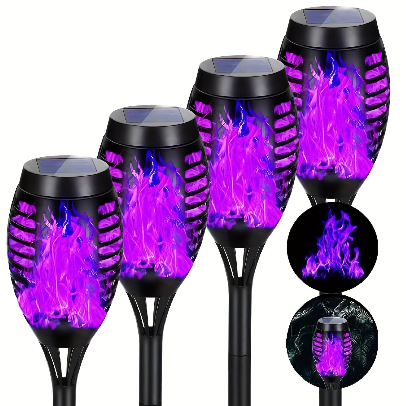 4pcs 12LED Solar Flame Lights, Suitable For Garden, Lawn, Path Decoration, Halloween Atmosphere Lights, Large Battery Working 11 Hours Lighting Torch Lights (Blue Green Purple Warm Color Light), Halloween Decorations Lights O