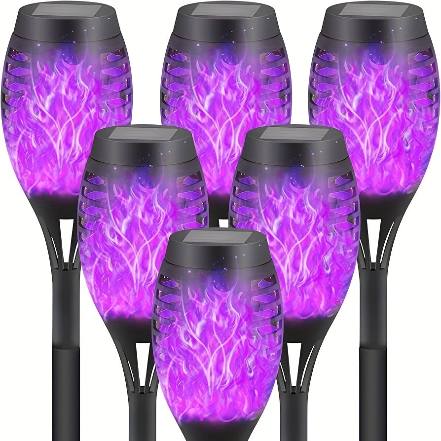 4pcs 12LED Solar Flame Lights, Suitable For Garden, Lawn, Path Decoration, Halloween Atmosphere Lights, Large Battery Working 11 Hours Lighting Torch Lights (Blue Green Purple Warm Color Light), Halloween Decorations Lights O