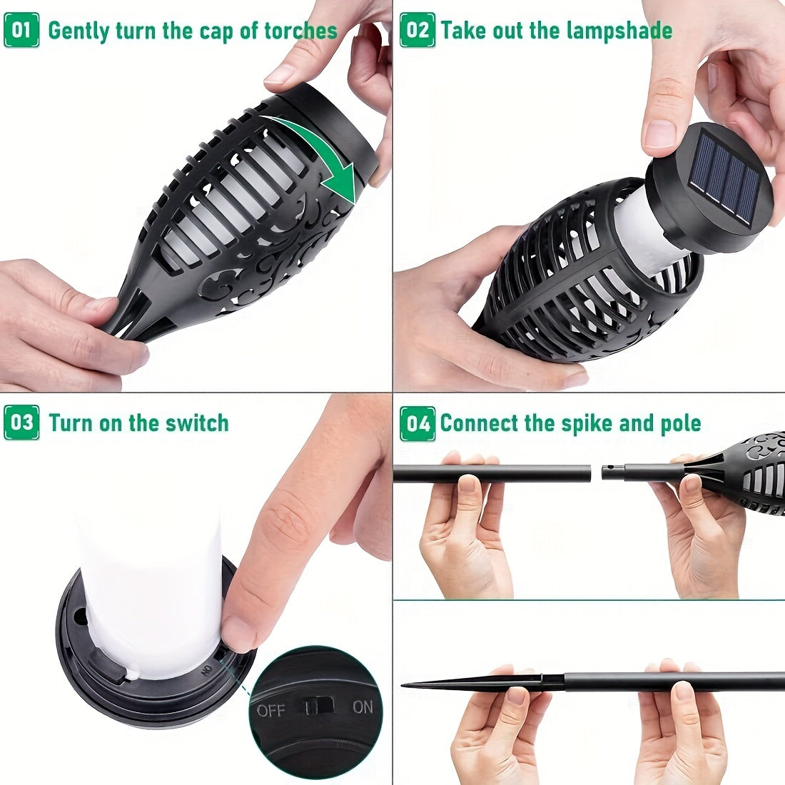 4pcs 12LED Solar Flame Lights, Suitable For Garden, Lawn, Path Decoration, Halloween Atmosphere Lights, Large Battery Working 11 Hours Lighting Torch Lights (Blue Green Purple Warm Color Light), Halloween Decorations Lights O