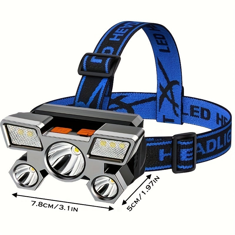 LED Strong Light Five-Headed Airplane Light USB Charging Headlamp for Cycling, Outdoor Camping, Fishing, Built-in Rechargeable Battery, Long-Lasting Battery Life, 4 Lighting Modes, Suitable for Different Application Scenarios