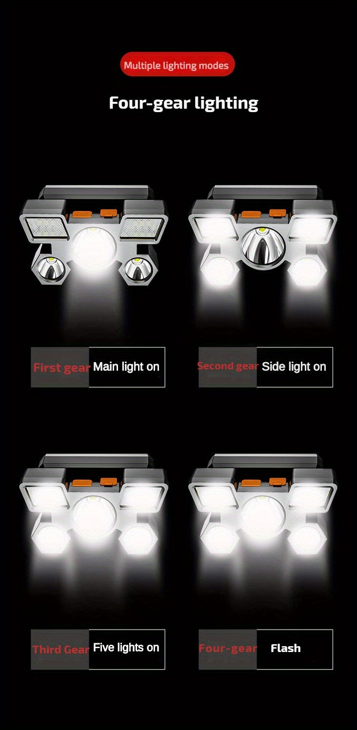 LED Strong Light Five-Headed Airplane Light USB Charging Headlamp for Cycling, Outdoor Camping, Fishing, Built-in Rechargeable Battery, Long-Lasting Battery Life, 4 Lighting Modes, Suitable for Different Application Scenarios