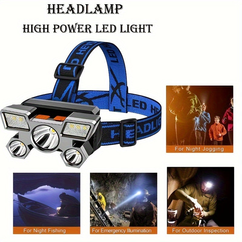 LED Strong Light Five-Headed Airplane Light USB Charging Headlamp for Cycling, Outdoor Camping, Fishing, Built-in Rechargeable Battery, Long-Lasting Battery Life, 4 Lighting Modes, Suitable for Different Application Scenarios