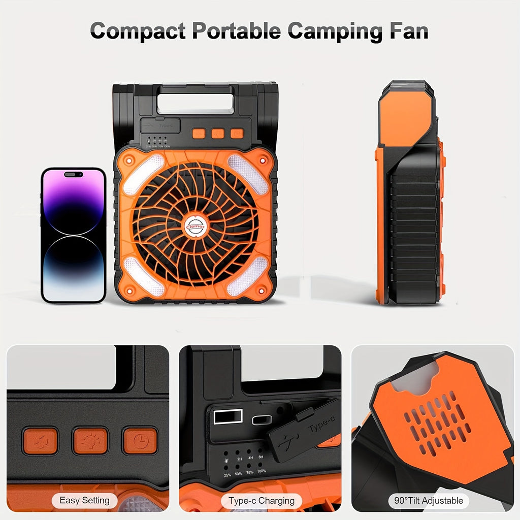 Solar Fan, Camping Fan With Solar Panel, Portable Personal Fan For Outside, LED Lantern, Stepless Speed And Quiet Battery Operated Tent Fan For Picnic, Barbecue, Fishing, Travel