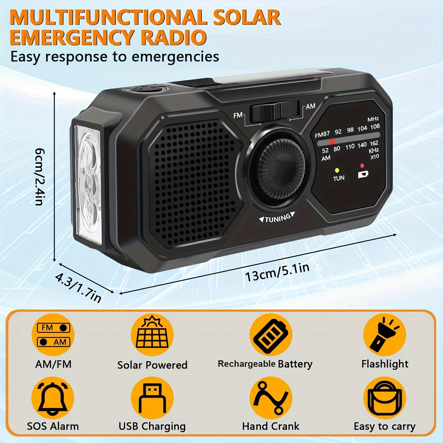 Outdoor Emergency AM/FM Radio Hand-Cranked Radio with Flashlight/Emergency Charging/Solar Charging Emergency Crank Weather Radio