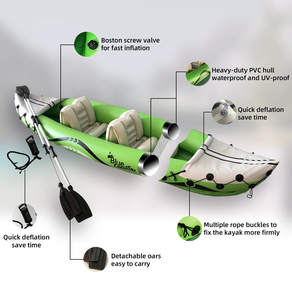 Quality Assurance 2-Person PVC Inflatable Kayak with Transparent Floor Stable Design for River Drifting Outdoor Plastic Material