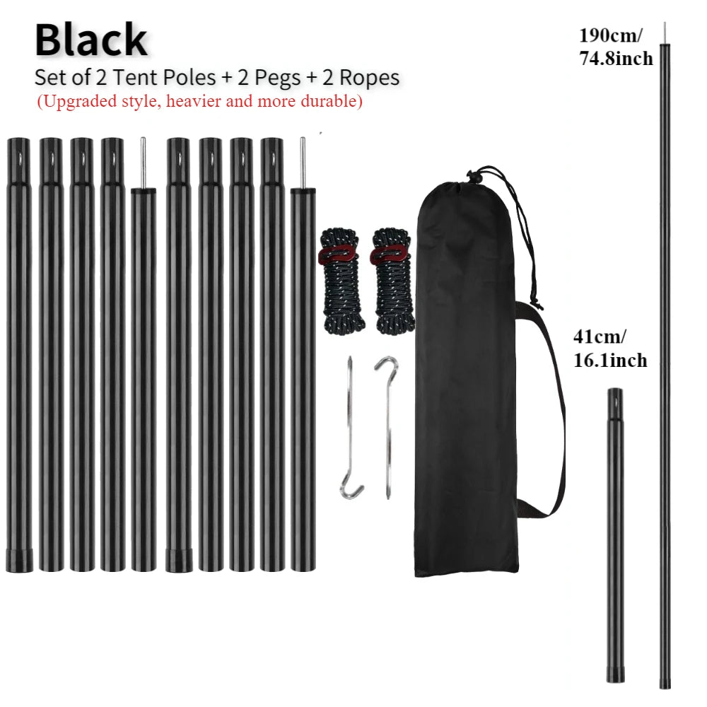 Set of 2 Tent Poles Adjustable Tarp Poles Steel Rods With Pegs & Ropes