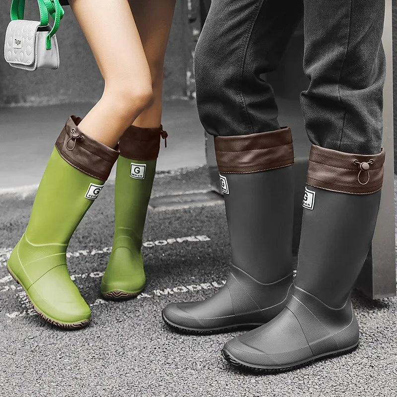 Men Women Rain Boots Fashion Long-Tube Rubber Shoes Non-Slip Fishing Boots Outdoor Waterproof Work Boots Couple Rubber Galoshes