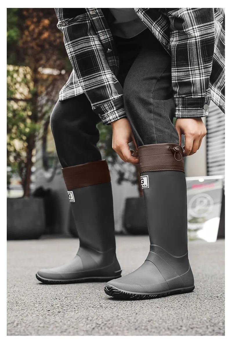 Men Women Rain Boots Fashion Long-Tube Rubber Shoes Non-Slip Fishing Boots Outdoor Waterproof Work Boots Couple Rubber Galoshes