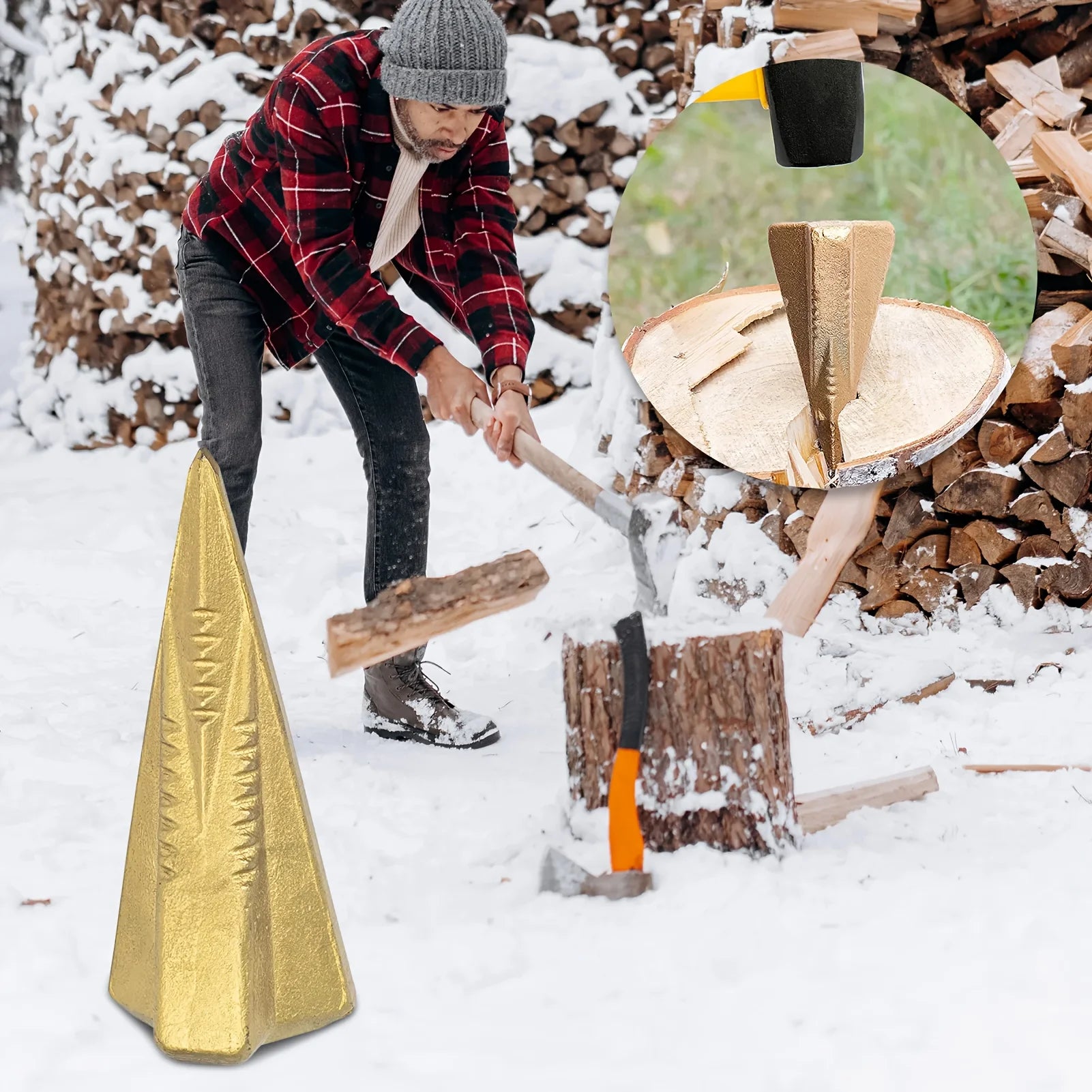 3.5lb Options Durable 4-Way Manual Wood Splitting Wedge Versatile Steel Tool Outdoor Use Winter Firewood Fireplace Accessories