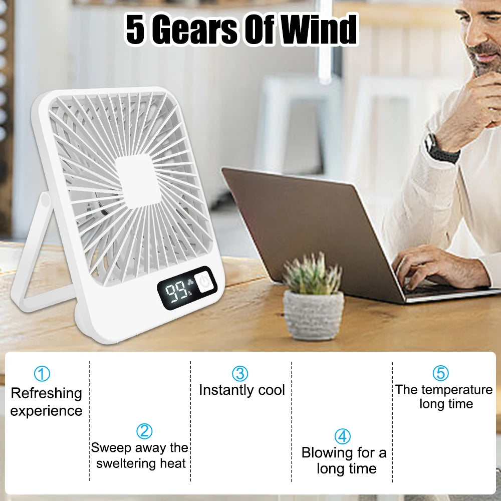 Table Fan Battery Rechargeable, 2000mAh 180° Foldable Portable Personal Fan With Power Display Ultra Quiet Suitable for Home