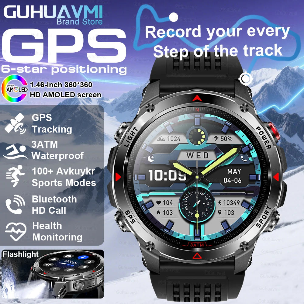 2025New Outdoor Military Smart Watch Men 1.46" AMOLED Built-in GPS Compass Altimeter 3ATM Waterproof Clock BT Call SmartWatches