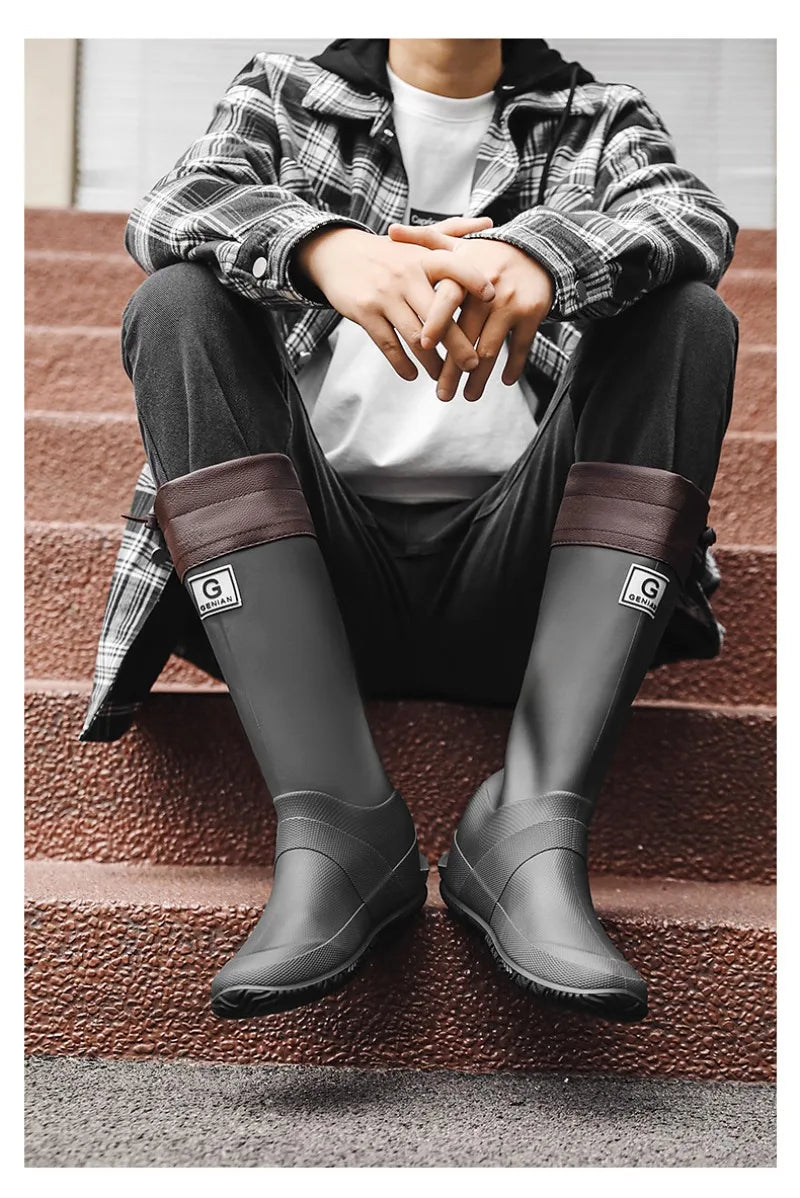 Men Women Rain Boots Fashion Long-Tube Rubber Shoes Non-Slip Fishing Boots Outdoor Waterproof Work Boots Couple Rubber Galoshes