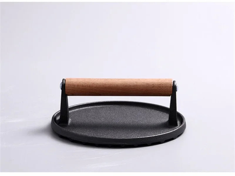 Cast Iron Steak Burger Press Round Rectangular Uncoated Heavy-Duty Meat Press with Handle for Outdoor Grill Food Cooking Tools