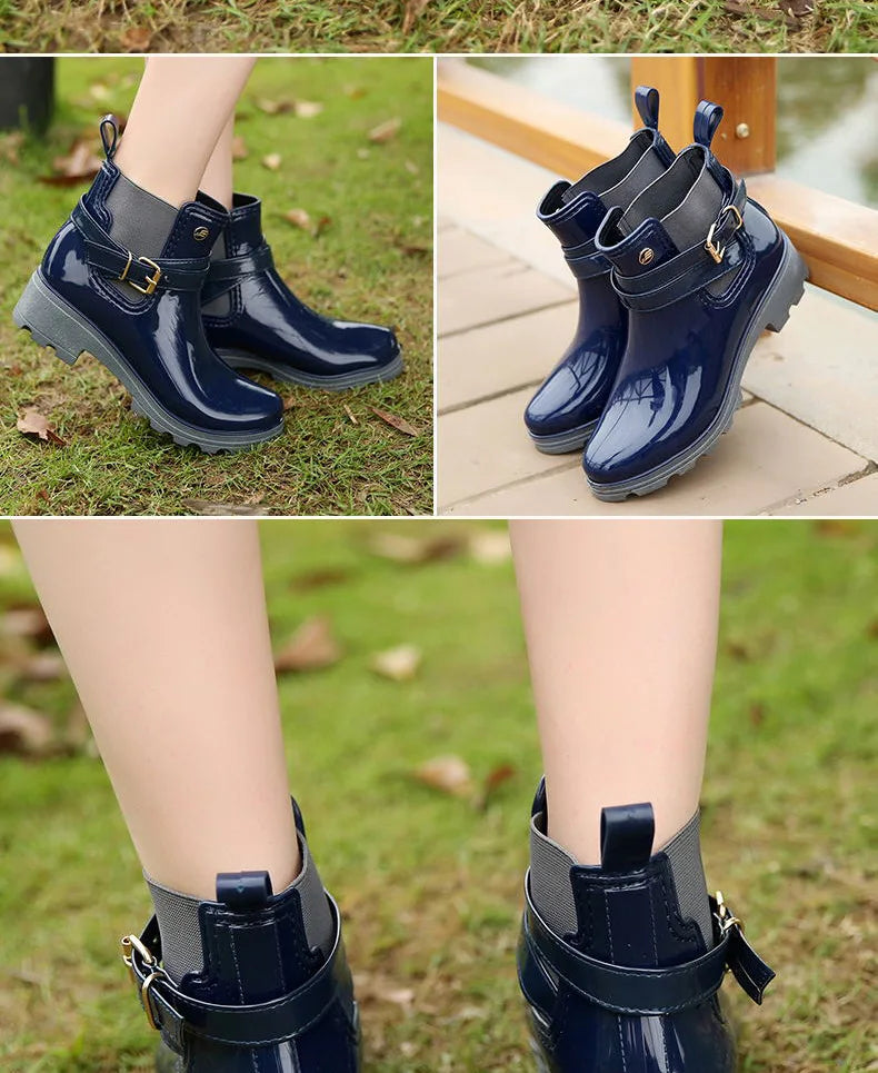 Rain Boots Women Leather Pu Ankle Bootie Waterproof Rubber Walking Shoes Girls Fashion Ladies Winter Shoes for Outdoor Rainy Day