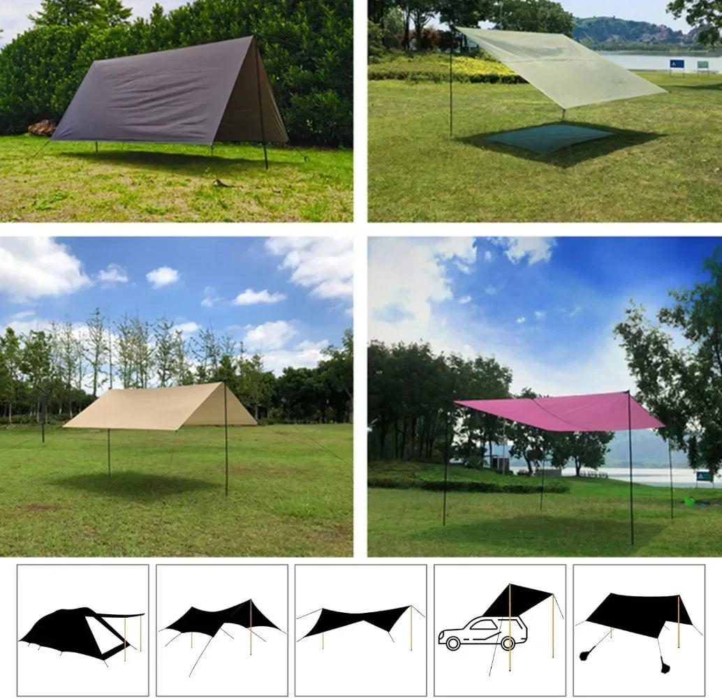 Set of 2 Tent Poles Adjustable Tarp Poles Steel Rods With Pegs & Ropes