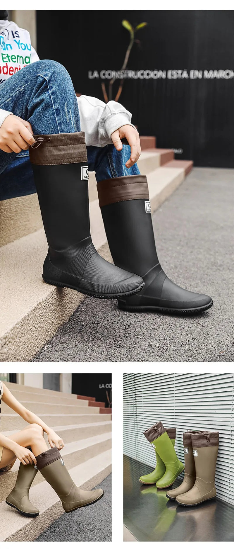 Men Women Rain Boots Fashion Long-Tube Rubber Shoes Non-Slip Fishing Boots Outdoor Waterproof Work Boots Couple Rubber Galoshes