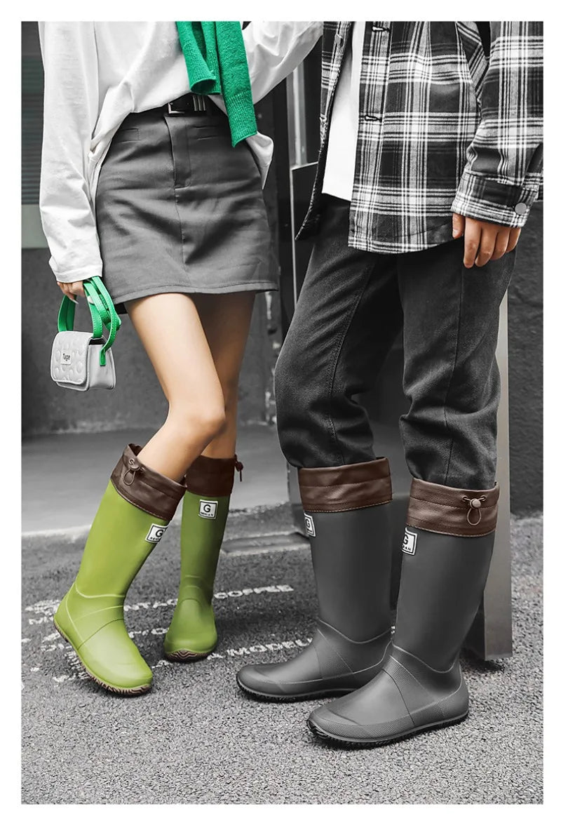 Men Women Rain Boots Fashion Long-Tube Rubber Shoes Non-Slip Fishing Boots Outdoor Waterproof Work Boots Couple Rubber Galoshes