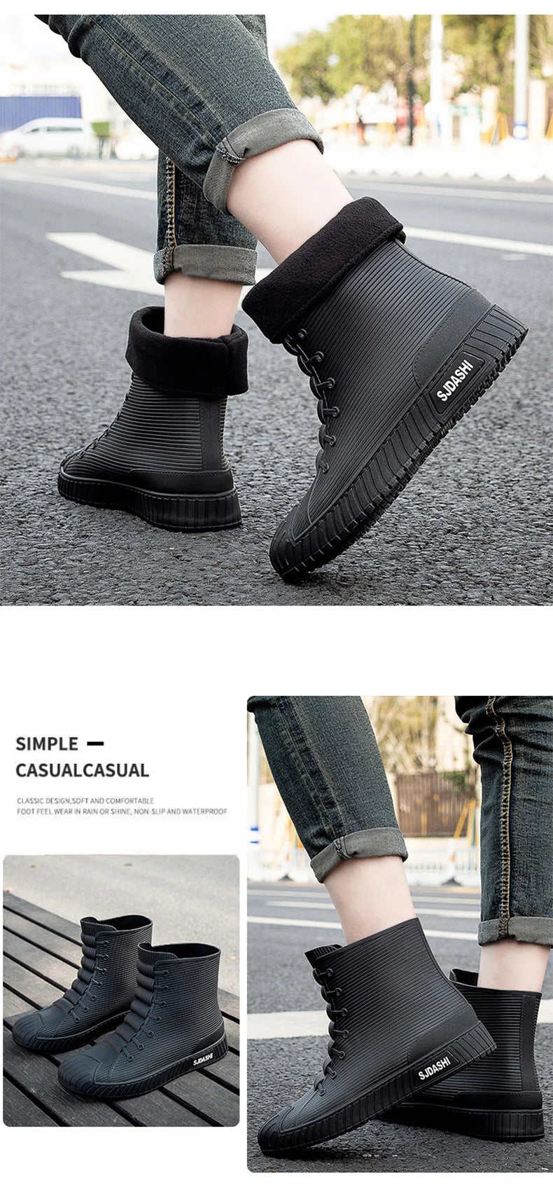 Rain BootsSummer Casual Mid-calf Waterproof Shoes Winter Lining With Fleece Warm Anti-slip Wear-resistant Outdoor