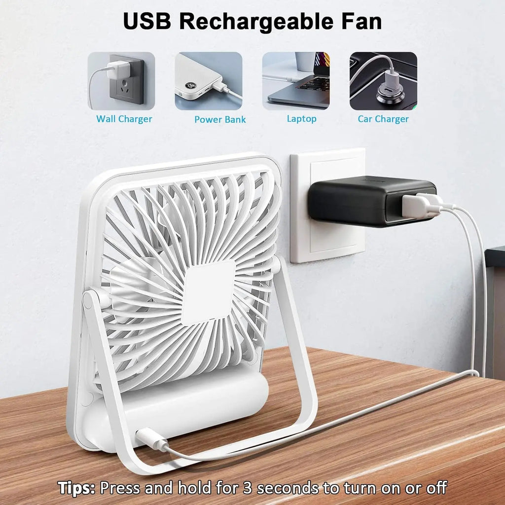 Table Fan Battery Rechargeable, 2000mAh 180° Foldable Portable Personal Fan With Power Display Ultra Quiet Suitable for Home