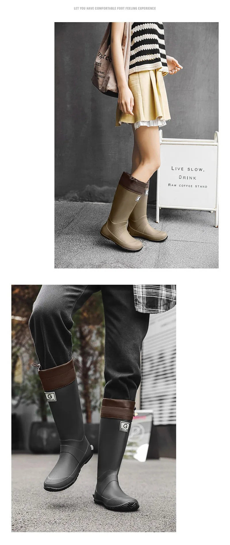 Men Women Rain Boots Fashion Long-Tube Rubber Shoes Non-Slip Fishing Boots Outdoor Waterproof Work Boots Couple Rubber Galoshes