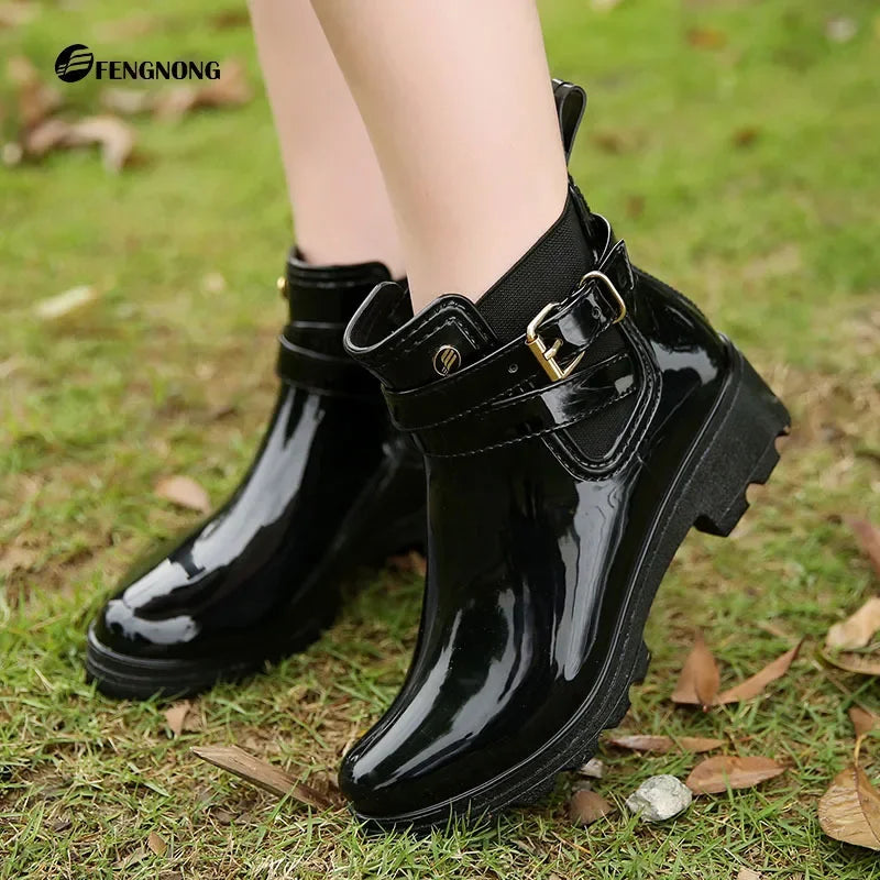 Rain Boots Women Leather Pu Ankle Bootie Waterproof Rubber Walking Shoes Girls Fashion Ladies Winter Shoes for Outdoor Rainy Day
