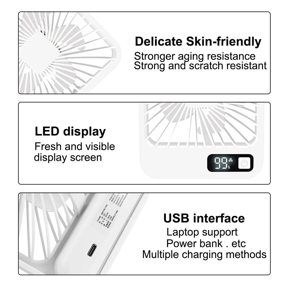 Table Fan Battery Rechargeable, 2000mAh 180° Foldable Portable Personal Fan With Power Display Ultra Quiet Suitable for Home