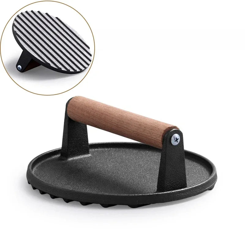 Cast Iron Steak Burger Press Round Rectangular Uncoated Heavy-Duty Meat Press with Handle for Outdoor Grill Food Cooking Tools