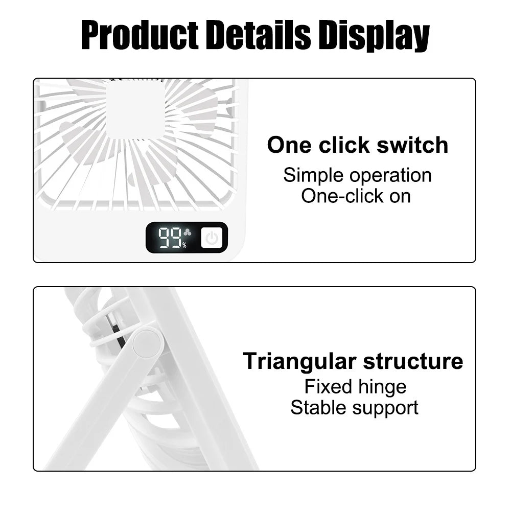 Table Fan Battery Rechargeable, 2000mAh 180° Foldable Portable Personal Fan With Power Display Ultra Quiet Suitable for Home