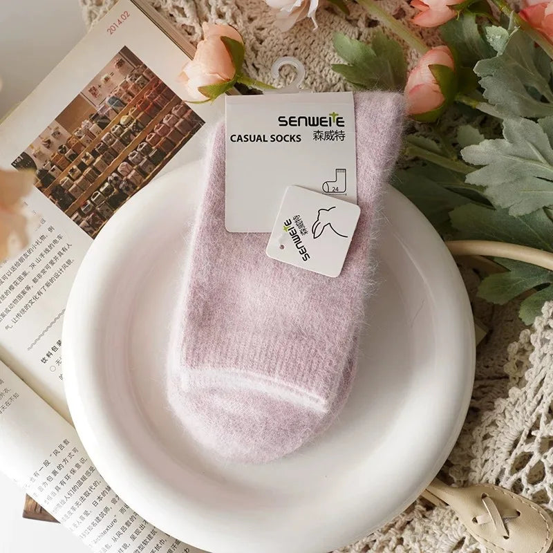 Wool Socks for Women Autumn Winter Medium Tube Socks Thickened with Wool Warm Rabbit Hair Socks Winter Black Cashmere Stockings