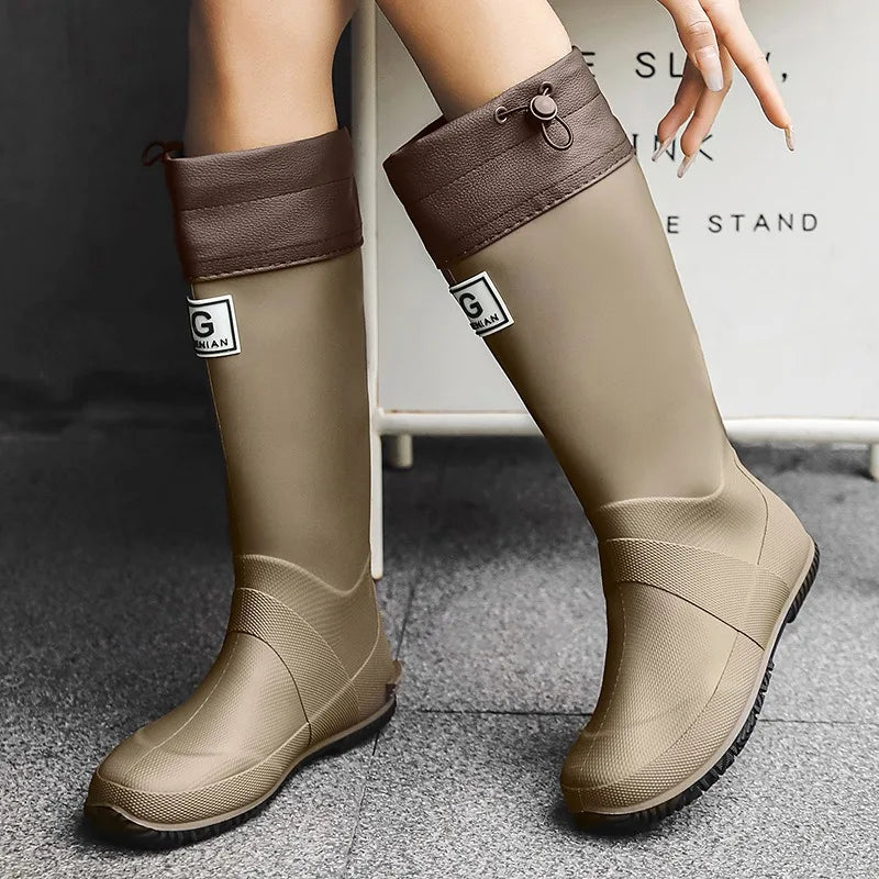 Men Women Rain Boots Fashion Long-Tube Rubber Shoes Non-Slip Fishing Boots Outdoor Waterproof Work Boots Couple Rubber Galoshes