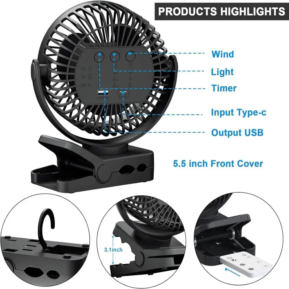 Rechargeable Remote Desk Fan 12000mAh Battery Operated Clip on Fan Air Circulating USB Fan for Office Car Home Outdoor Stroller