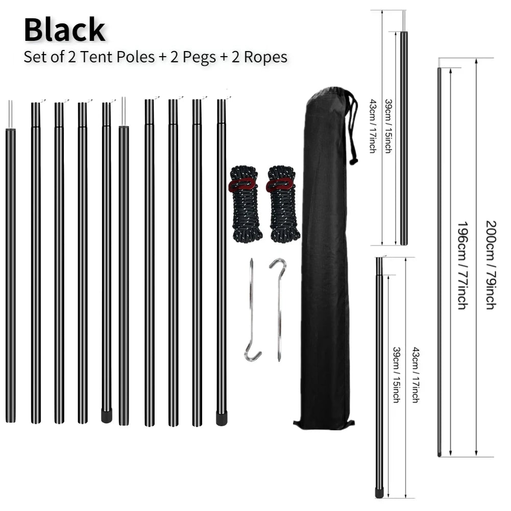 Set of 2 Tent Poles Adjustable Tarp Poles Steel Rods With Pegs & Ropes