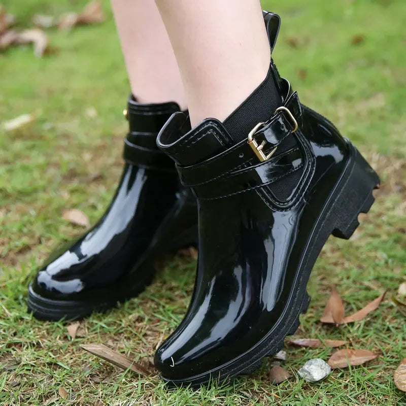 Rain Boots Women Leather Pu Ankle Bootie Waterproof Rubber Walking Shoes Girls Fashion Ladies Winter Shoes for Outdoor Rainy Day