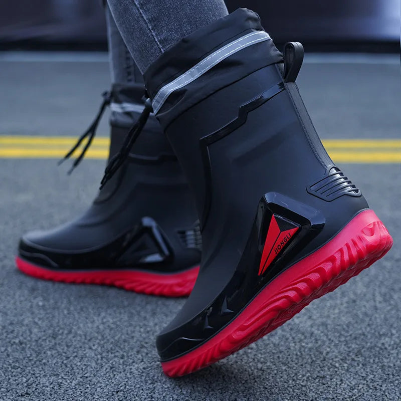New ，Rain Boots Men's Waterproof Drawstring Rain ，Shoes Velvet Padded Suit， Warm Non-Slip Flat Fashion Take-out Rider Rain Boots
