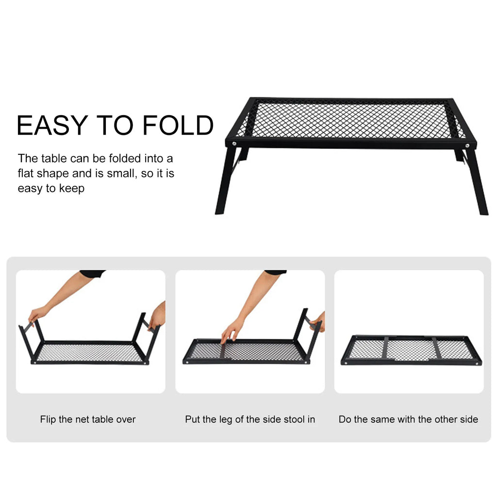 Folding Camp Fire Rack Folding Campfire Grill Heavy Duty Iron Waterproof Portable Camp Fire Cooking Rack for Outdoor Barbecue