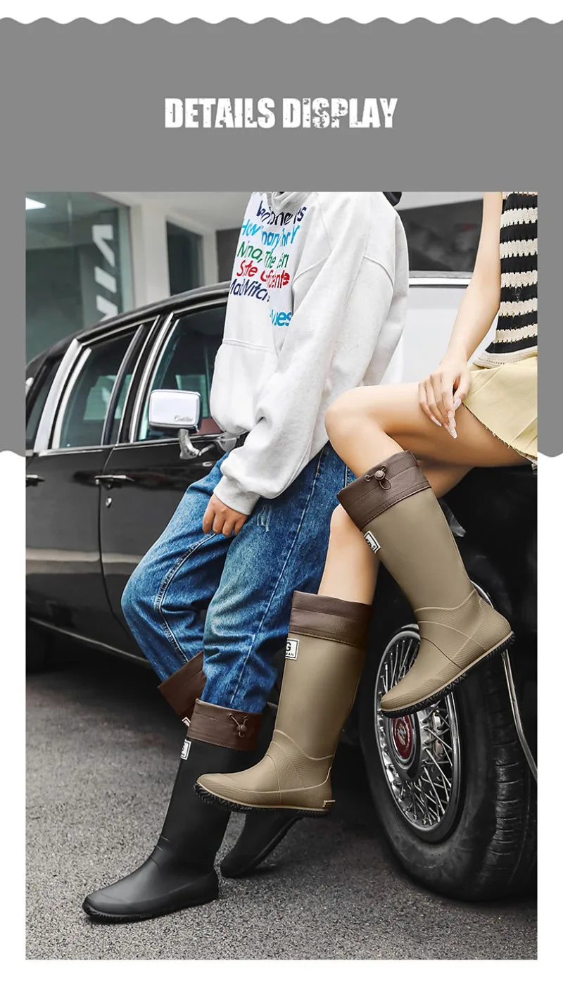 Men Women Rain Boots Fashion Long-Tube Rubber Shoes Non-Slip Fishing Boots Outdoor Waterproof Work Boots Couple Rubber Galoshes
