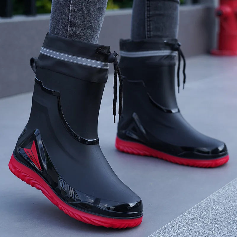 New ，Rain Boots Men's Waterproof Drawstring Rain ，Shoes Velvet Padded Suit， Warm Non-Slip Flat Fashion Take-out Rider Rain Boots