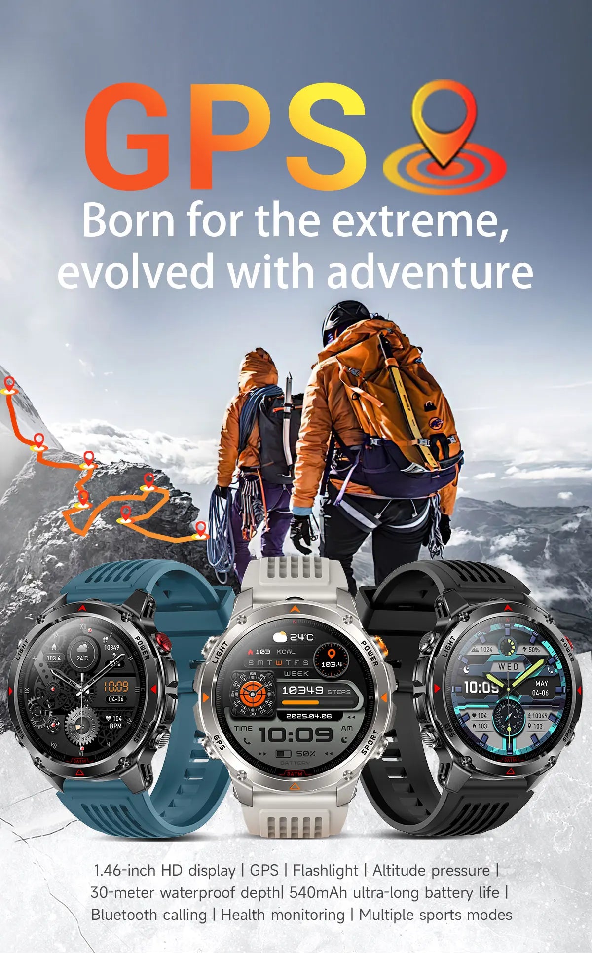 2025New Outdoor Military Smart Watch Men 1.46" AMOLED Built-in GPS Compass Altimeter 3ATM Waterproof Clock BT Call SmartWatches