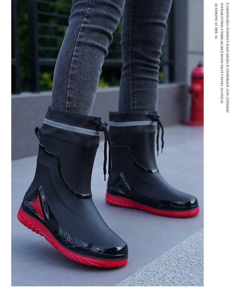 New ，Rain Boots Men's Waterproof Drawstring Rain ，Shoes Velvet Padded Suit， Warm Non-Slip Flat Fashion Take-out Rider Rain Boots