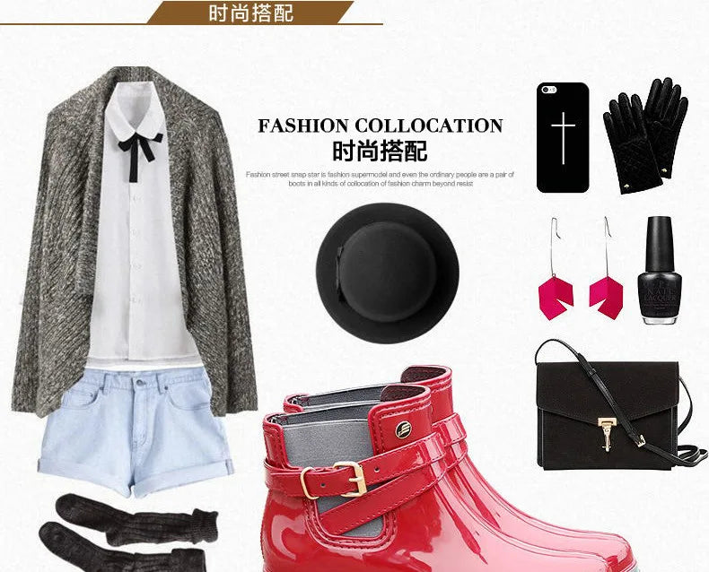 Rain Boots Women Leather Pu Ankle Bootie Waterproof Rubber Walking Shoes Girls Fashion Ladies Winter Shoes for Outdoor Rainy Day