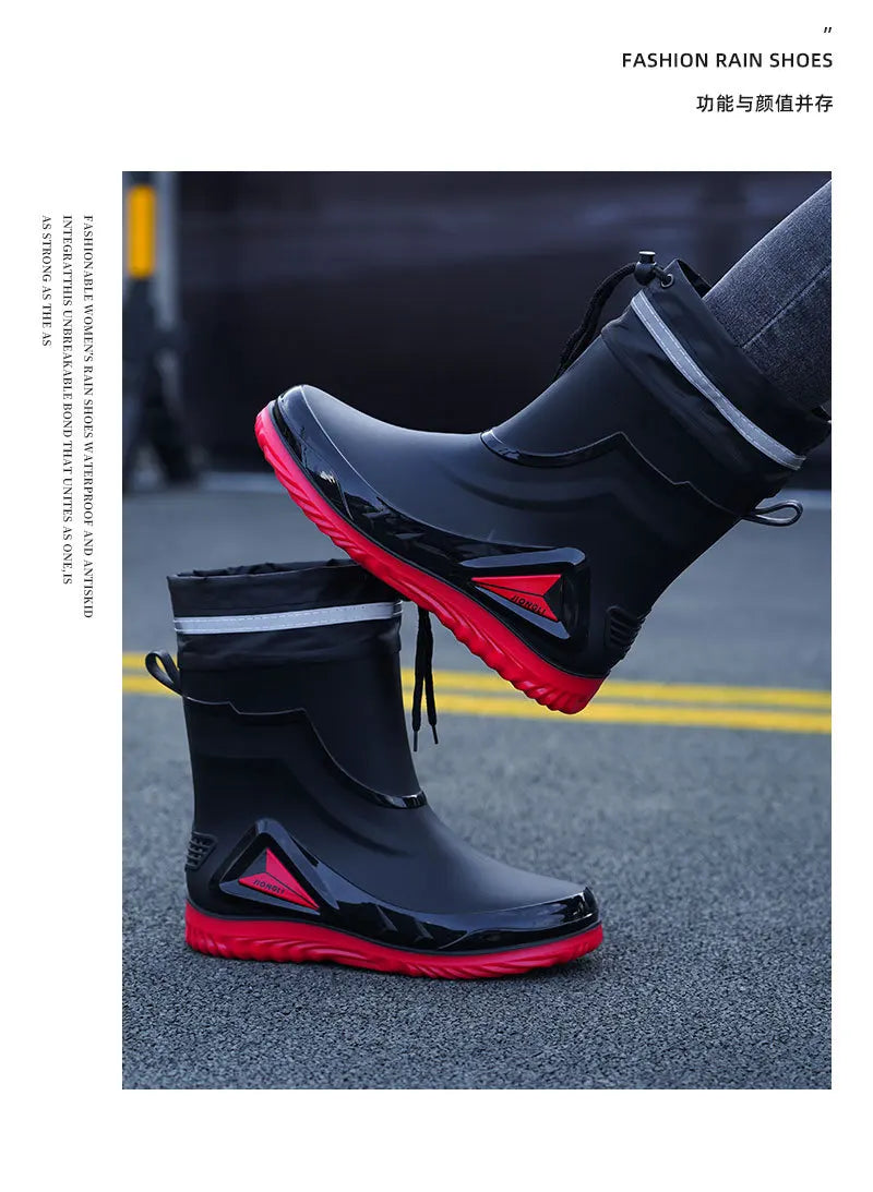 New ，Rain Boots Men's Waterproof Drawstring Rain ，Shoes Velvet Padded Suit， Warm Non-Slip Flat Fashion Take-out Rider Rain Boots