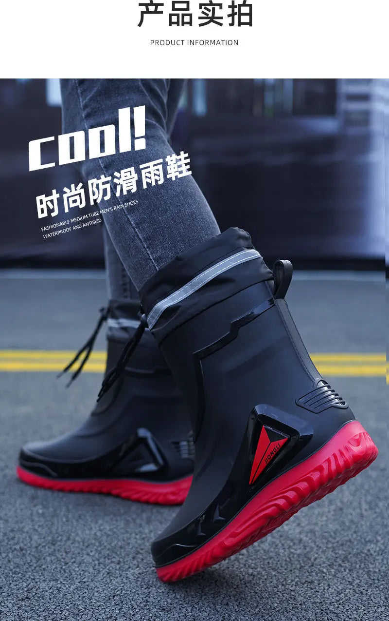 New ，Rain Boots Men's Waterproof Drawstring Rain ，Shoes Velvet Padded Suit， Warm Non-Slip Flat Fashion Take-out Rider Rain Boots