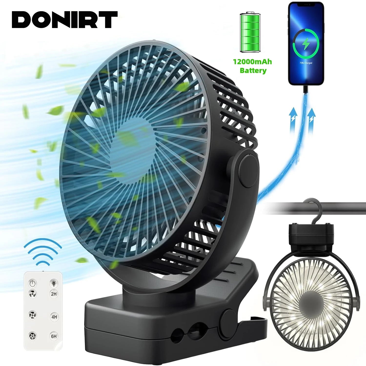 Rechargeable Remote Desk Fan 12000mAh Battery Operated Clip on Fan Air Circulating USB Fan for Office Car Home Outdoor Stroller